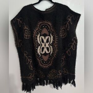 Fashion Apparel Boho Sweater Vest Shawl Fringe Hem One Sz. Black Chocolate Brown